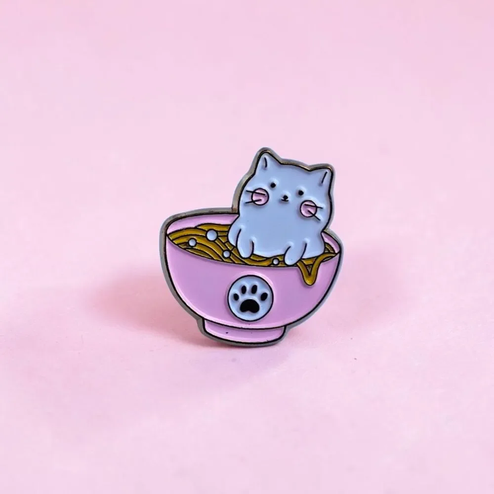 Kawaii Cat in Ramen Noodle Bowl Enamel Pin | Cute Pink Kitty Paw Lapel Badge
